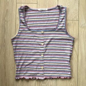 Caution to the Wind Square Neck Striped Multicolor Button Tank Top Size M